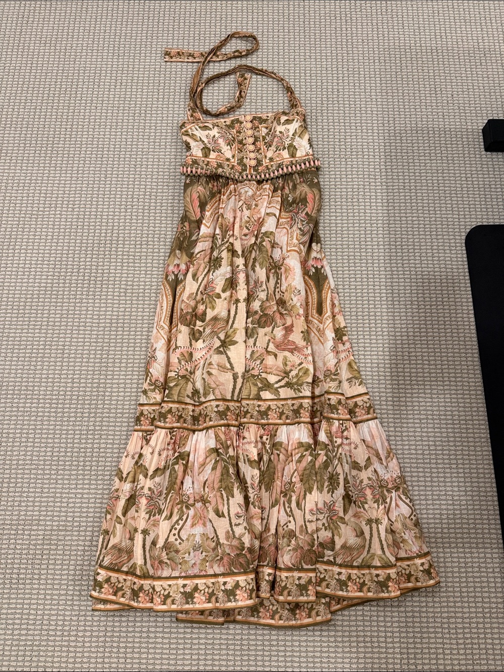 Zimmermann Pink and Olive Botanical Halter Maxi Dress